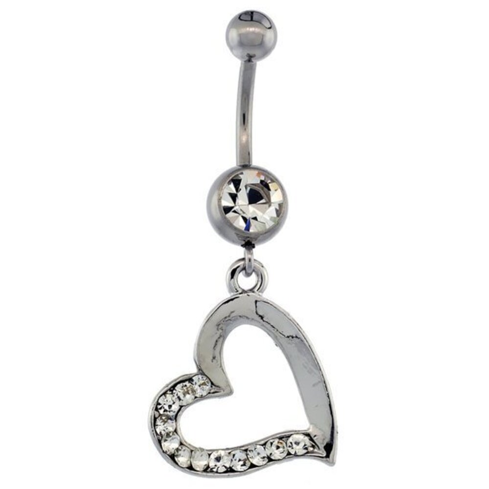 Surgical Steel Barbell Heart Cut Out Belly Button Ring w/ Crystals, 1 3/16 inch